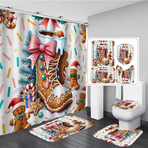 1/3/4PCS Christmas Themed Illustration with Gingerbread Boots and Decorations Shower Curtain Set with Rugs, Non Slip Bath Mat, U-Shape Carpet, Toilet Lid Cover, Polyester Fabric Bathtub Curtain Accessories, 12 Hooks, Home Bathroom Festival Decor