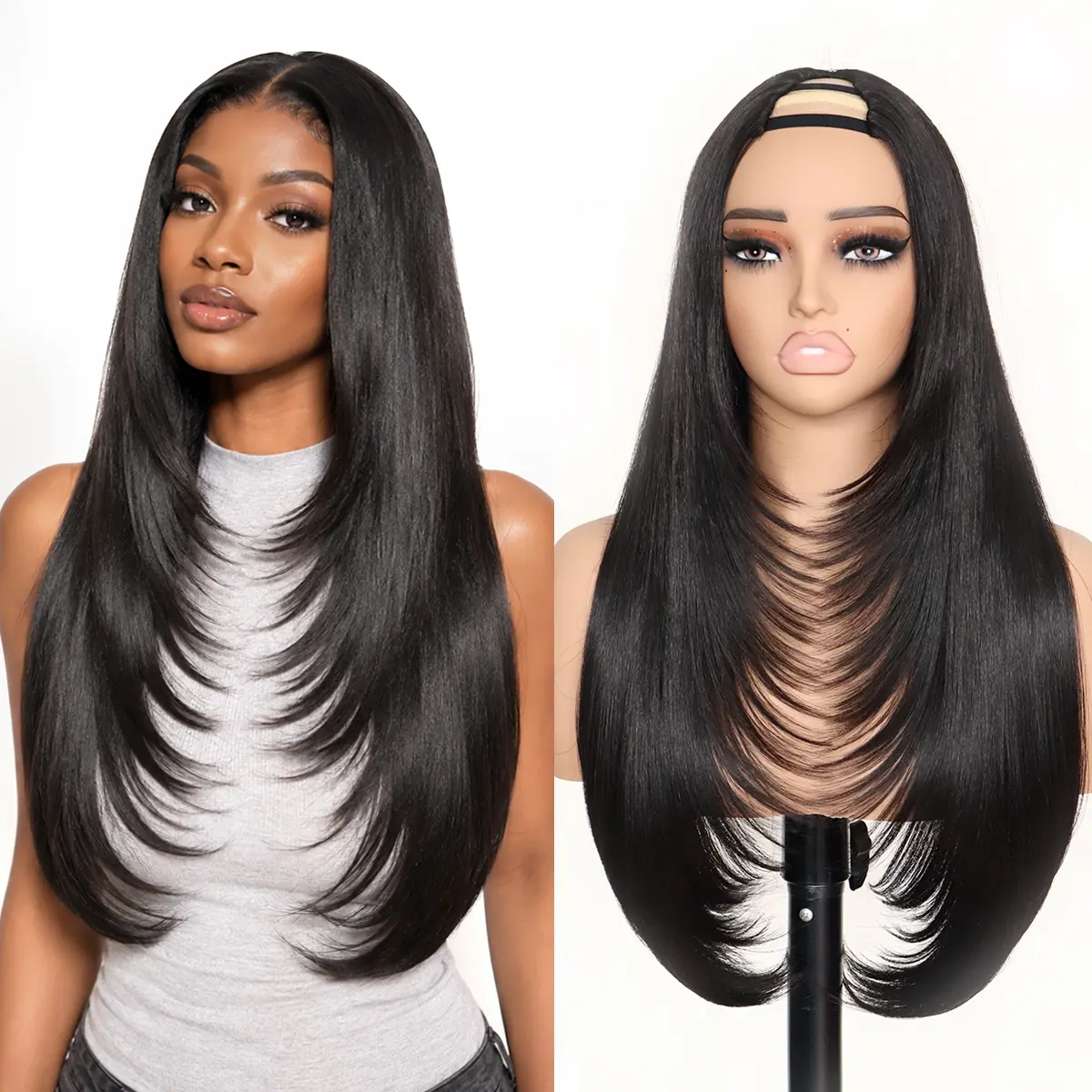 U&A Yaki Straight V-Part Layered Half Wig, 250% Density Glueless Synthetic Full Machine Wig, 22in Beginner-Friendly No Leave Out Hairpiece, Glueless Wig