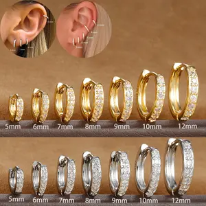 US-LUX - 1Pair Stainless Steel Huggie Minimal Hoop Earrings Little Crystal Zirconia Thin Helix Tragus Cartilage Earrings Piercing Jewelry