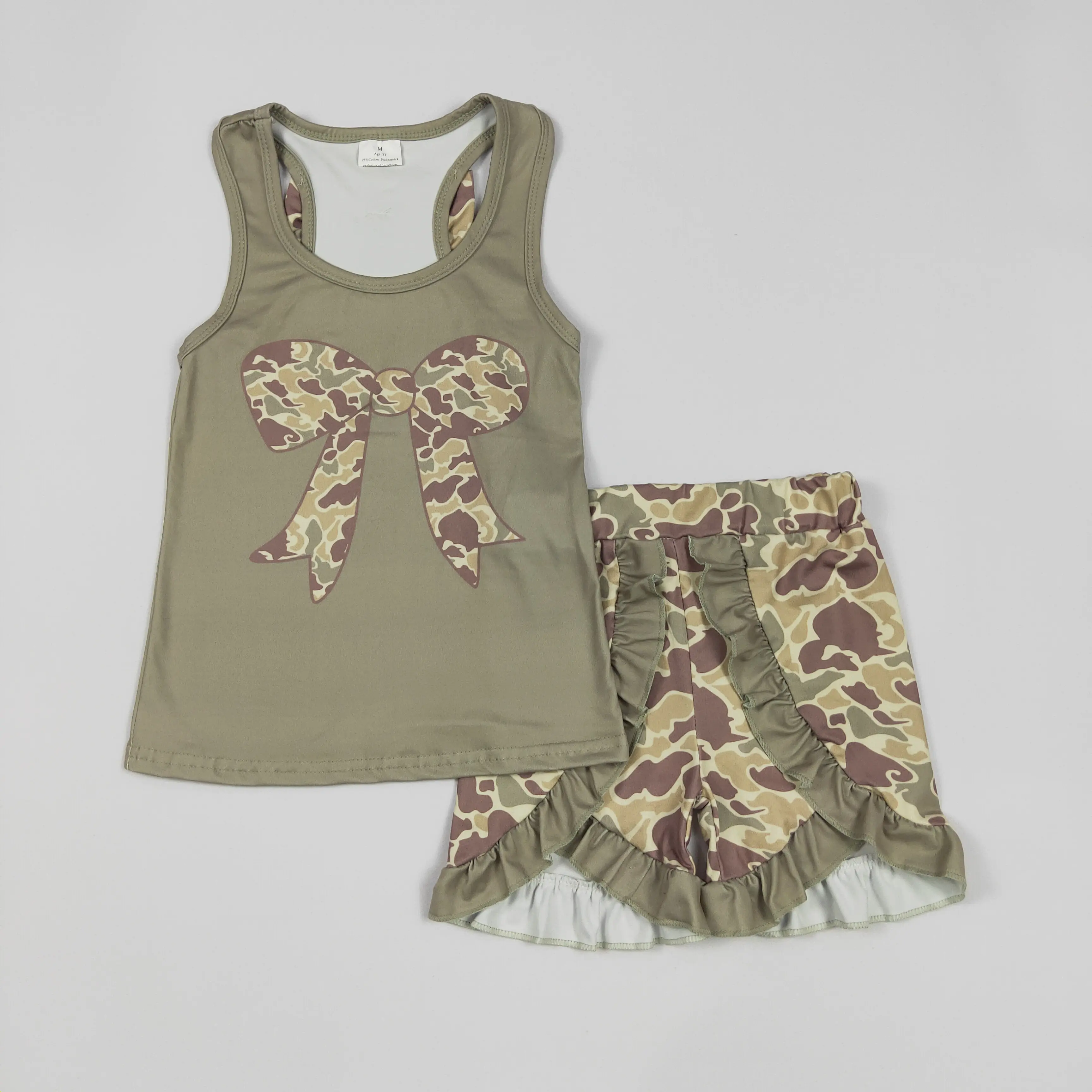 Girls' Camo Print 2-Piece Tank & Shorts Set, Cute Ruffle Summer Outfit, Soft Daily Playwear, Camo Print Set