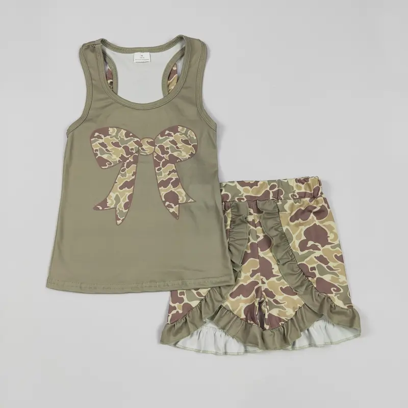 Girls' Camo Print 2-Piece Tank & Shorts Set, Cute Ruffle Summer Outfit, Soft Daily Playwear, Camo Print Set