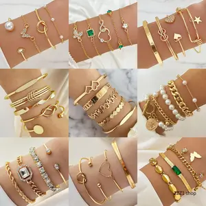 4-6Pcs Gold Bangle Bracelet Set for Women, Trendy Stackable Cuff Link Chain, Aesthetic Pearl Emerald Crystal Heart Coin Letter Charms Jewelry Gift Multi Style Pack