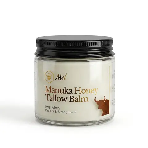 Mel Men's Whipped Tallow & Manuka Honey Balm - Grass-Fed Beef Tallow, Antibacterial, Eczema Relief, Vitamins, Soothing Skin Repair, Deep Night Scent, Deep Hydration, Skin Barrier Protection, Natural Ingredients - 2 oz, Beef Tallow For Skin, Body Care, Moi