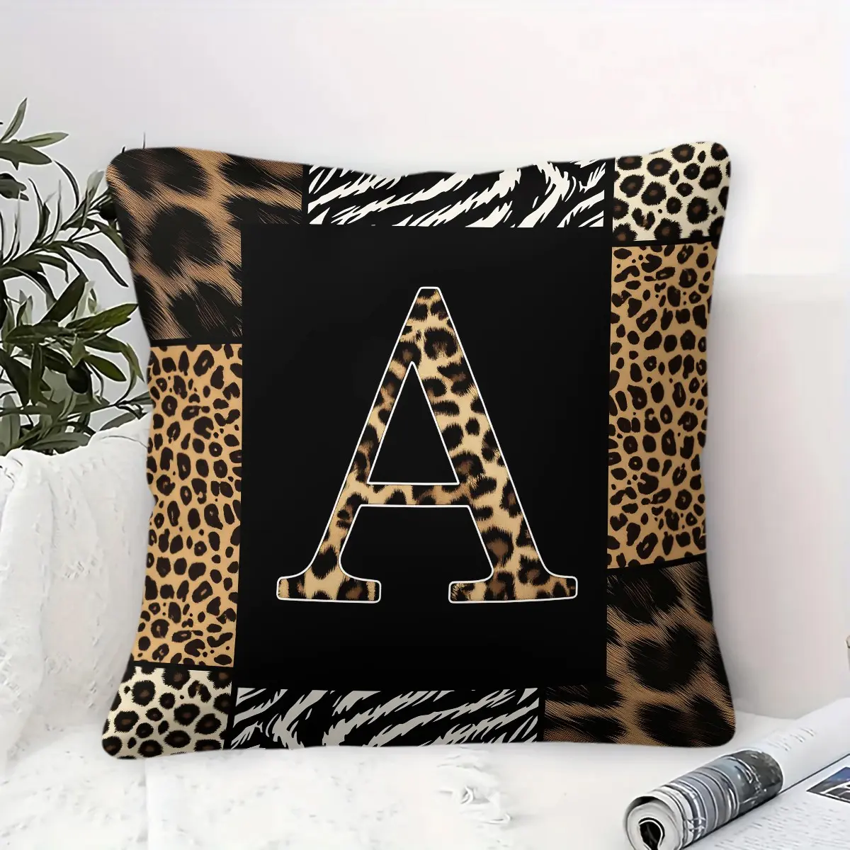 Wild Animal Monogram A-Z Print Throw Pillow, Leopard Zebra Patchwork Cushion Accent Pillow Includes Pillow Core, Soft Durable Fabric, Ideal for Sofa Bed Living Room Dorm Apartment Decor, Great Gift for Teens Women, Home Decorative Cushion
