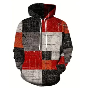 Men’s Plus Size Vintage Patchwork Hooded Sweatshirt – 3D Printed Colorful Retro Plaid Pullover Casual Athletic Hoodie