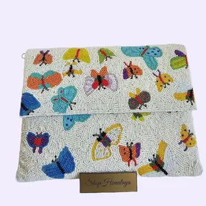 Artisan Hand-Beaded Butterfly Garden Crossbody Clutch No Warranty Beaded Design Handbag 9.5x6 Inch White Multicolor Satin Bag