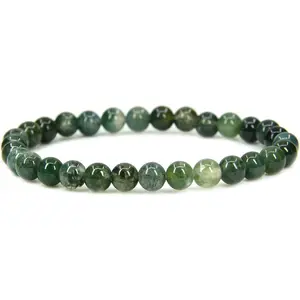 Natural Moss Agate Gemstone 6mm Round Beads Stretch Bracelet 7" Unisex