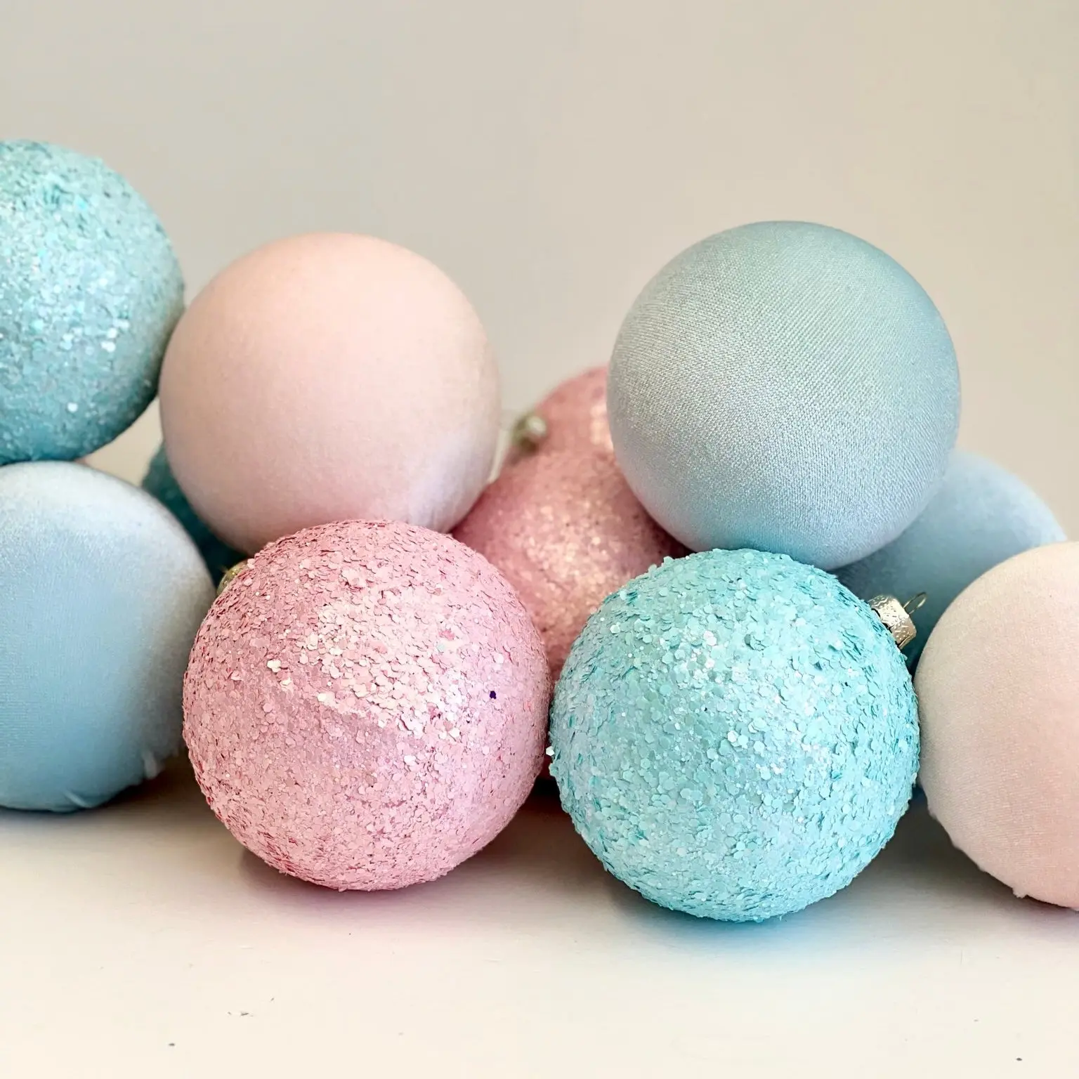 12 Pcs Pastel Christmas Ornaments: Handmade Flocked Velvet, Glitter Balls