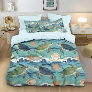 Ocean Wind Turtle Starfish Bedding Set, Includes 1 Fitted Sheet and 2 Pillowcases, Soft Comfortable, Suitable for Bedroom Hotel School Dormitory
