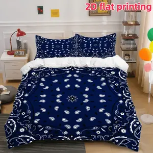 2D Flat 3Pcs Navy Blue Bandana Print Duvet Cover, Stylish Paisley Pattern Bedding (1 + 2 Pillowcases, Unfilled), Soft Microfiber Quilt for Bedroom & Dorm Room Decor, All Season Home