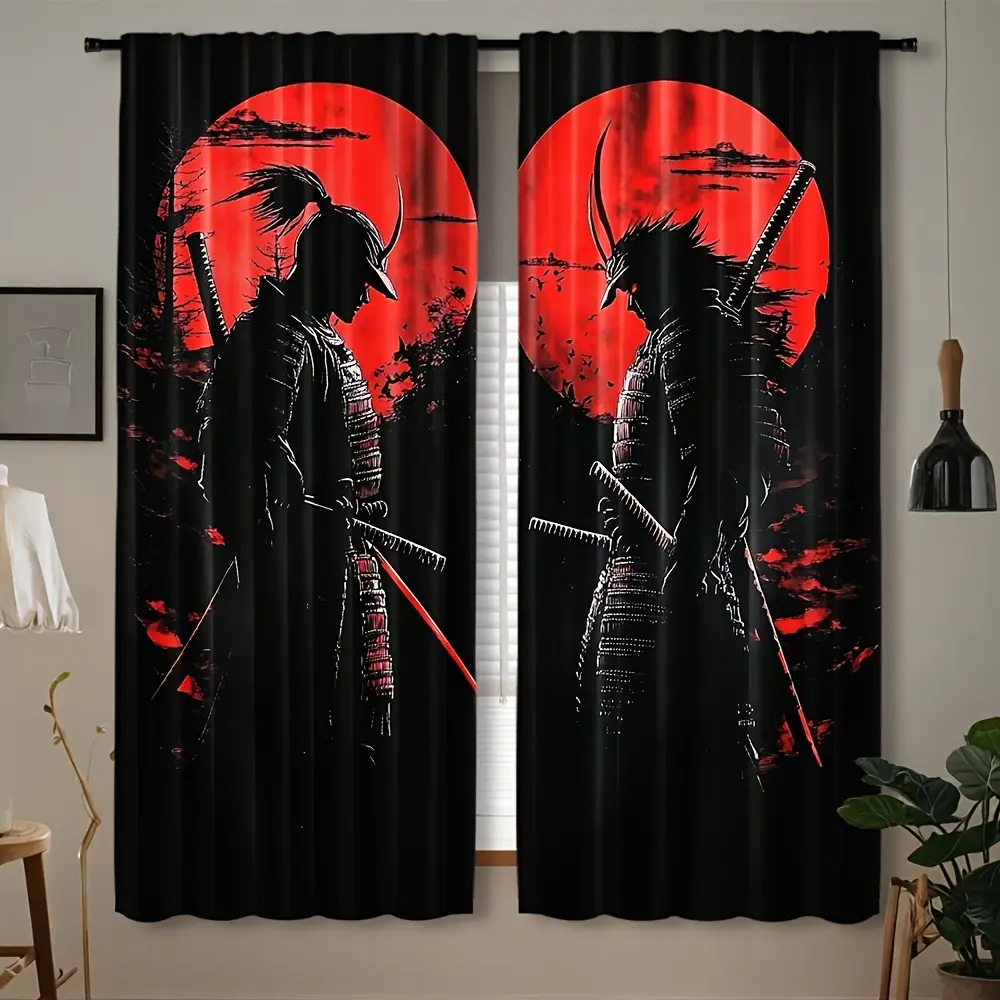 2-Pack, Japanese samurai ink painting retro printed curtains, Home decorative curtain, rod pocket type, translucent polyester fiber, suitable for living room, bedroom and other home decoration, machine washable
