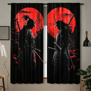 2-Pack, Japanese samurai ink painting retro printed curtains, rod pocket type, Window Curtain, translucent polyester fiber, suitable for living room, kitchen, bedroom and other home decoration, machine washable home decoration.