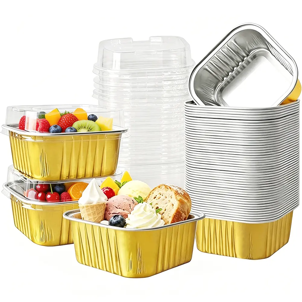 50 pcs 5oz mini aluminum foil baking tray with lid -2.75 x 2.75 x 1.4 inches, disposable square cake box, suitable for cakes, puddings, mousse, parties, festivals, weddings, and birthdays