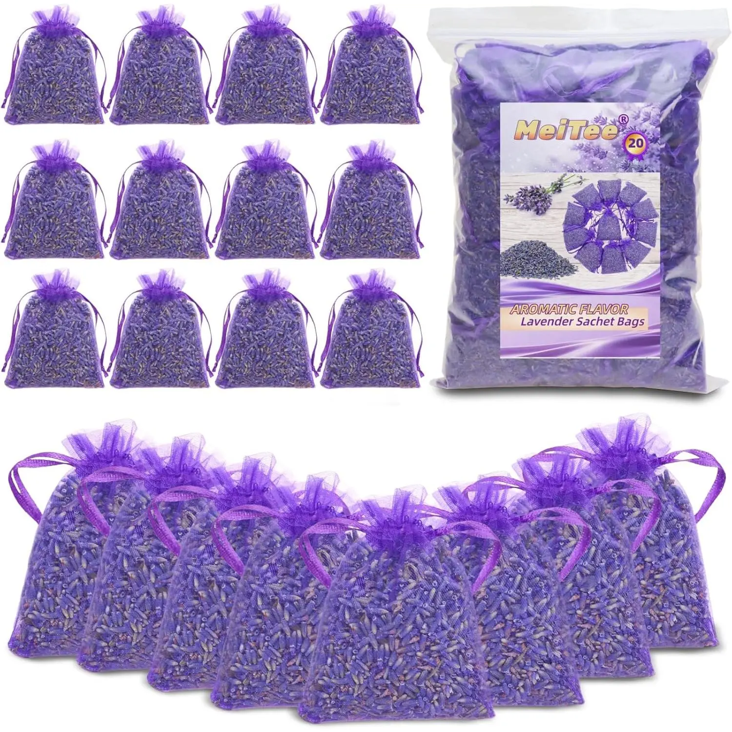 20 Pack Lavender Sachet Bags - 100% Natural Dried Lavender Buds for Closets Drawers Car & Home|   French Potpourri Fragrance Sachets Rich Aroma Air Long Lasting Fresh Scents