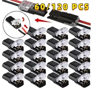 60/120pcs LED Solderless Wire Stripping-Free Locking 2P Universal Lamp Connector, Push-to-Connect Quick Disconnect Terminal for Soft and Hard Wires D2 Interlockable Plug Power Cables