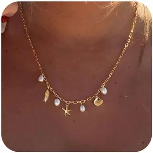 14K Gold Plated Paperclip Beach Charm Necklace for Women Shell Moon Star Pendant Summer Jewelry Gift