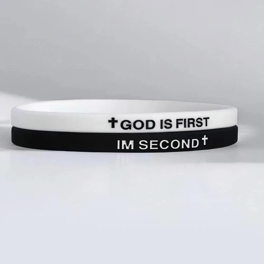Christian Religious Silicone Bracelet Jewelry, 2-Pack Daily Fabric-Infused Inspirational Bible Verse Bands with "God is First I'm Second" Message, Christian Gift Set for Teens