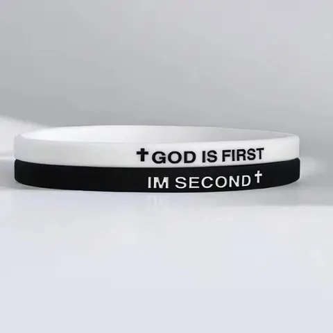 Unisex Geometric Religious Silicone Bracelet Jewelry - 2-Pack Fabric-Infused Inspirational Bible Verse Bands with "God is First I'm Second" Message, Daily Christian Gift Set