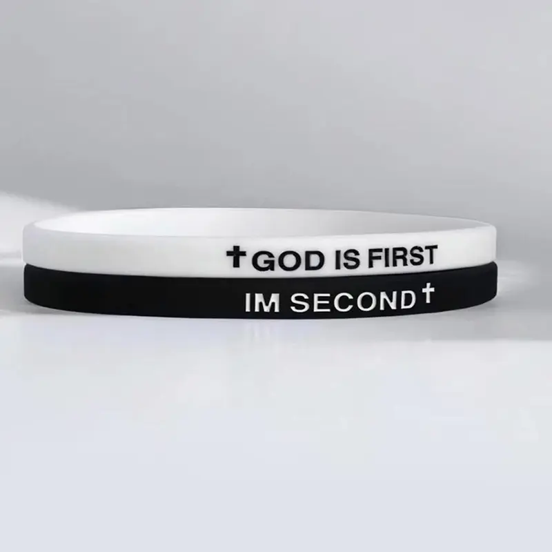 Unisex Geometric Religious Silicone Bracelet Jewelry - 2-Pack Fabric-Infused Inspirational Bible Verse Bands with "God is First I'm Second" Message, Daily Christian Gift Set