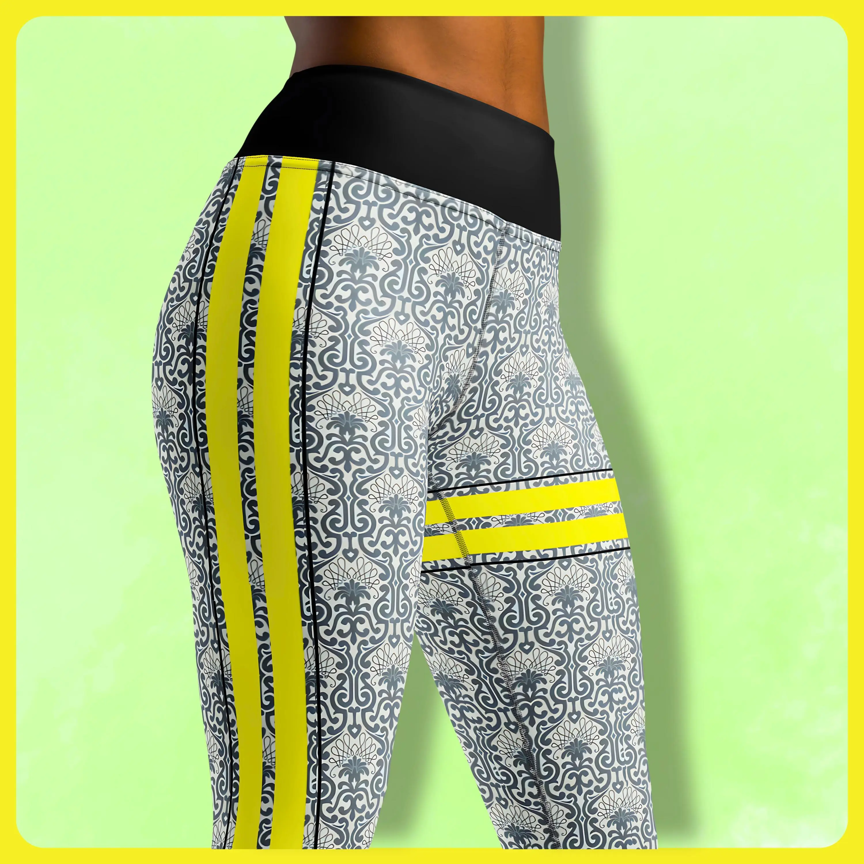 Contrast Stripe Damask Leggings - Yellow Gray Black Bold Art Deco Pattern High Waisted Sporty Activewear Workout Fitness Gift Gym Yoga Pants