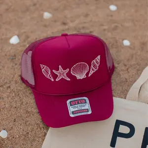 Seashell Trucker Hat - Embroidered Beach Hat with Embroidered Seashell Detail