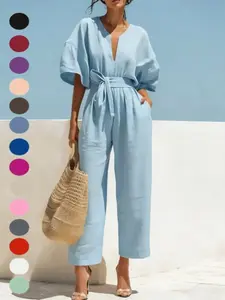 Elegant V-Neck Solid Color Cotton Linen Romper for Women, Summer New Fashion, European and American Style, Cross-Border Independent Store