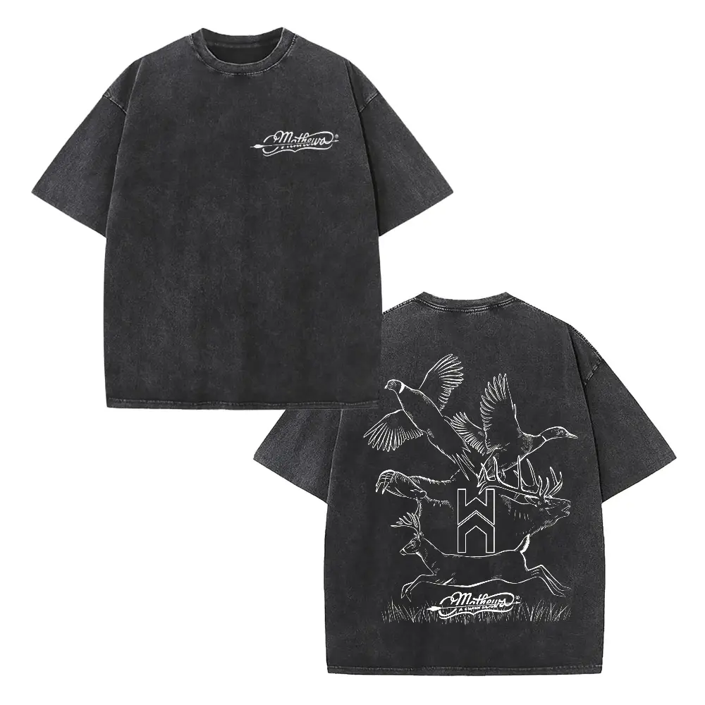 Menswear Oversized Unisex Vintage Black Washed Short-Sleeve Round Neck Hunting T-Shirt Top - Front Mathews Script Logo, Back Full Wildlife Print, for Hunting, Streetwear & Casual Style, Shortsleeve