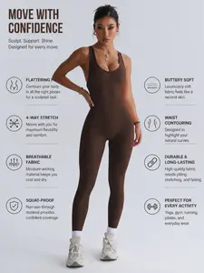Women's Sporty Jumpsuit, Solid Color, Above Ankle Length, Breathable Yoga Wear, Tight-Fitting Workout, All-Seasons, Shaping Jumpsuit