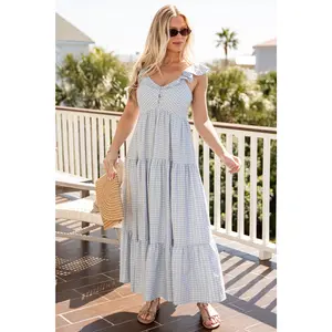 Daisy Lane Light Blue Gingham Tiered Maxi Dress