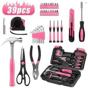 1 39pcs Pink Home Tool Kit Screwdriver Utility Knife Scissors Tape Measure Hammer Internal Hex Wrench Pliers for Women Home Garage Garden Office College Dormitory