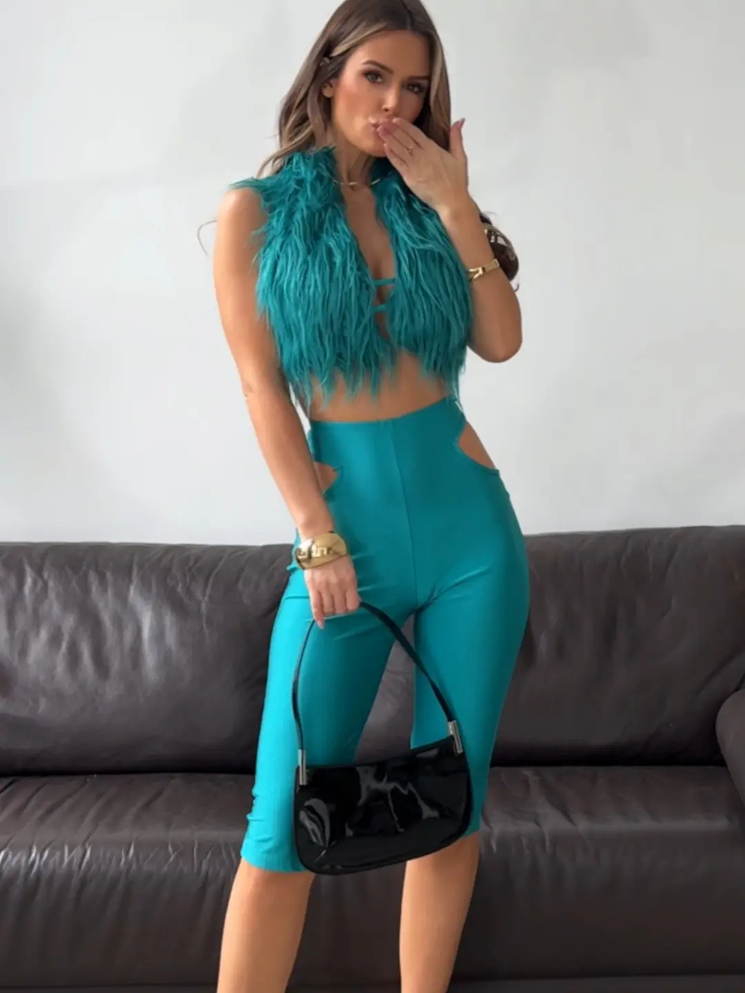 LebellaNova Statement Cute Faux Fur Open Back Halter Top and Fitted Capri Pant Set Womenswear