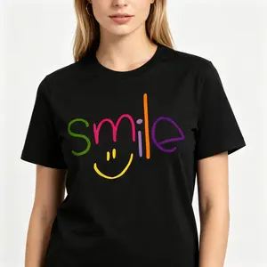 Colorful Smile Text Graphic Yellow Smiling Face Pattern Tee |   Comfy Breathable Summer Women Fashion Casual Top