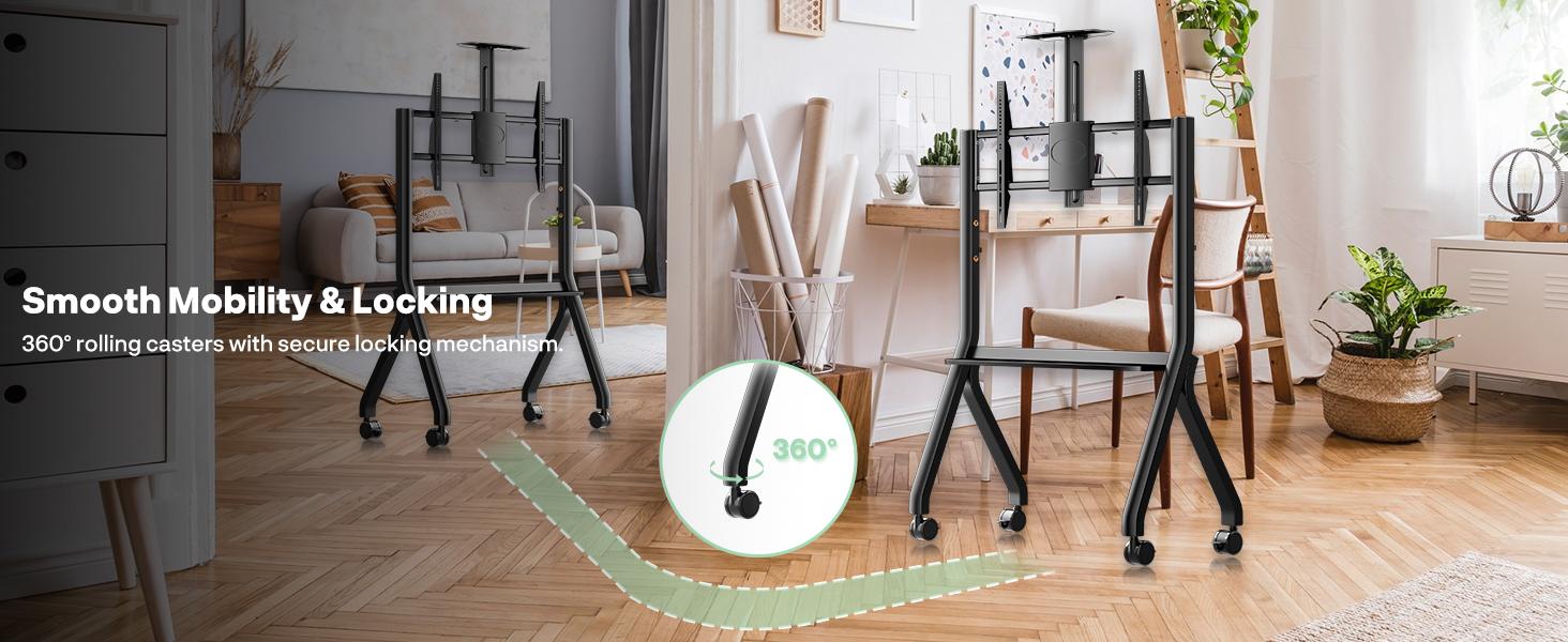 SYLVOX Outdoor TV Y-Type Rolling TV Cart Stand for 43-55 Inch TVs – Waterproof, Heavy-Duty Alloy Steel, 360° Locking Wheels, Adjustable Height & Shelf, VESA 100x100-700x500mm (Max 80kg/176lbs)