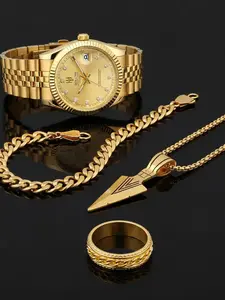 4-piece men's diamond-belt new fashion Korean style casual style couple's men and women's same style unique accordion pleat automatic mechanical Fashionable Wristwatch watch set