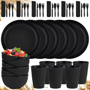 42-Piece Wheat Straw Dinnerware Sets,Unbreakable Plates and Bowls Set,Dinner Plate/Dessert Plate/Cereal Bowl/Cup for Kitchen,Apartment Essentials, Outdoor Camping,BlackAAGlowHub30C38tool que