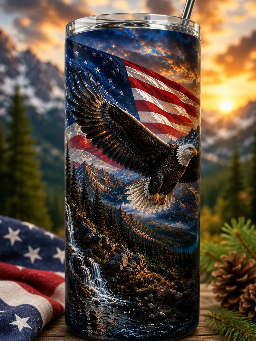 American Eagle Over Mountains 20oz Stainless Steel Tumbler | Patriotic Travel Mug with Lid & Straw | American Flag Gift