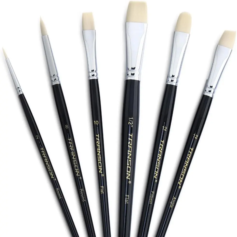 Transon Paint Brush Set 6pcs Art Painting Flexible Bristle for Acrylic Watercolor Gouache Oil Leather Canvas and Face Painting