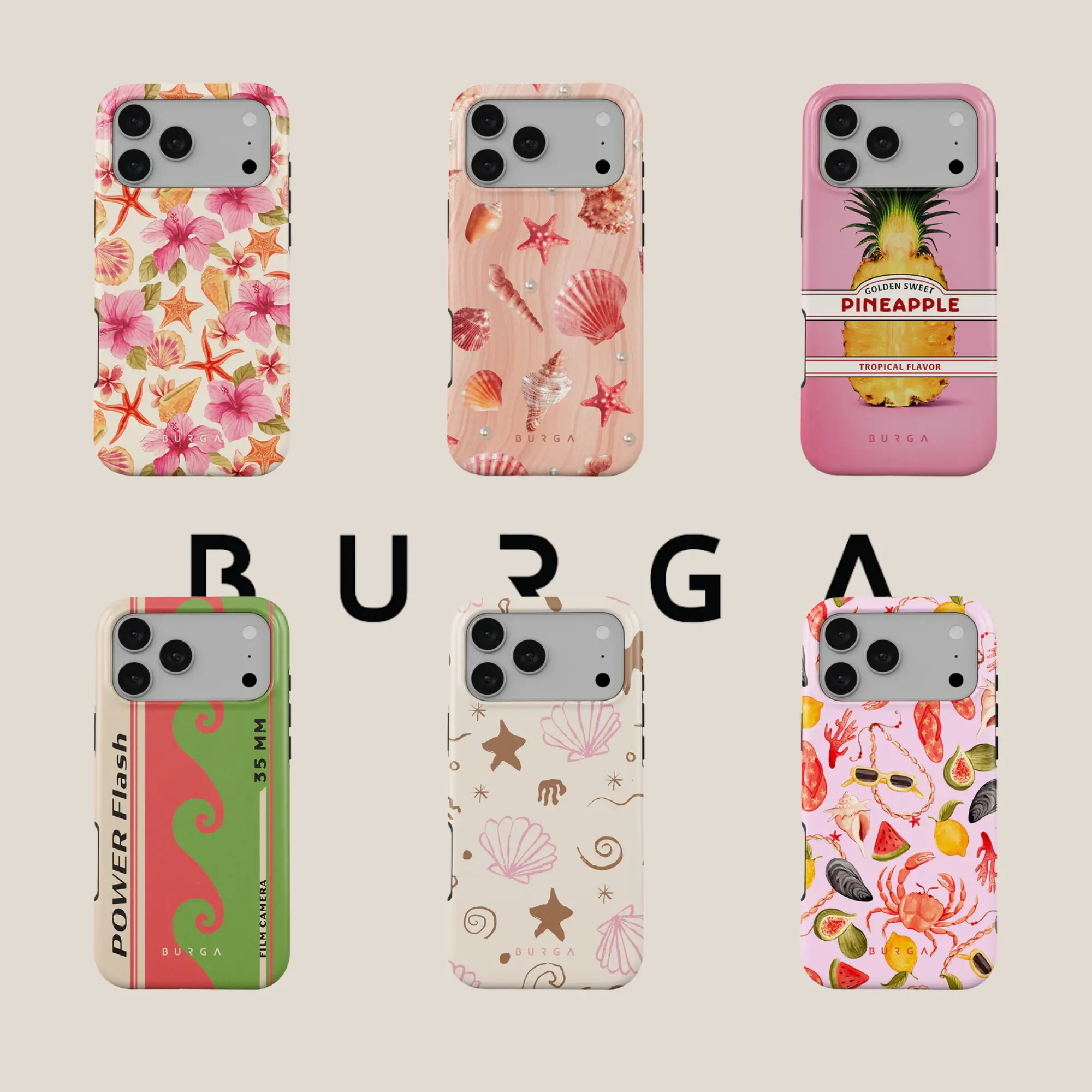 Burga Pink Coastal Seashell & Starfish Design MagSafe/Tough Case for iPhone 17, 16, 15, 14, 13, 12, 11, Pro Max, Tropical Hibiscus Flower Cover, Stylish and Protective Cover, Heavy Duty Shockproof Trendy Phone Shell