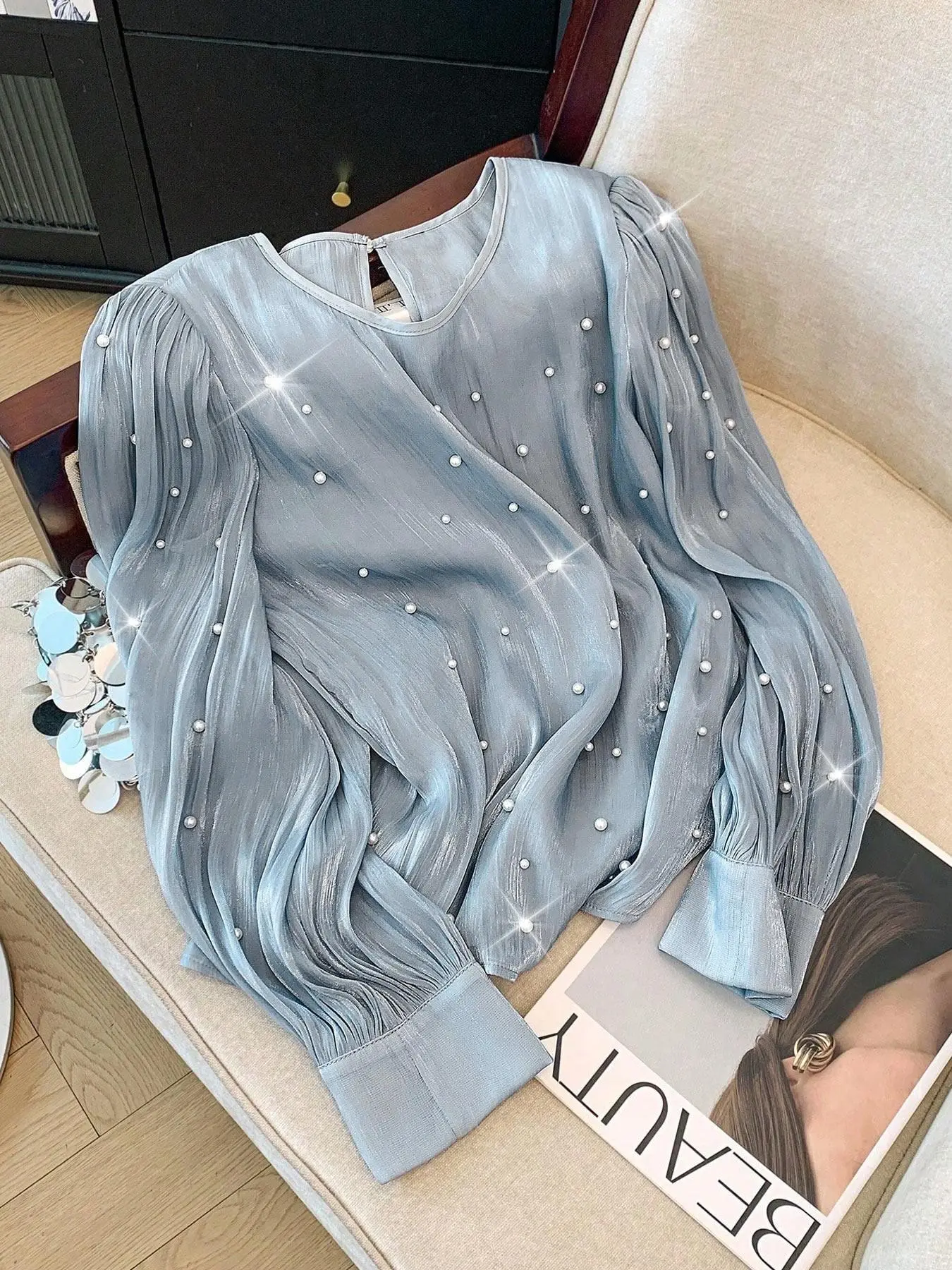 Plus Size Women's Beaded Bubble Sleeve Top, Loose Fit Round Neck Fabric Chiffon Blouse, Shirts, Womenswear, Casual Spring, Office Commute, Date Night, Party Wear