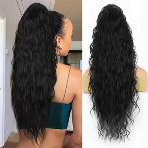 ALXNAN Drawstring Ponytail Extension,Long Curly Wavy Ponytail Extension for Black Women 26 Inch Black Clip in Ponytail Hair Extensions