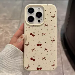 Bowknot cherry skin pattern case suitable for iPhone 16 Pro Max, Apple 13, 12, 14, 11, anti-drop silicone