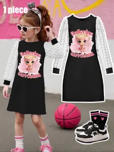 Girls' Elegant Ballet Dance Dress, Ballerina Dress, Coffee Cup Letter Print, Bubble Sleeve Design, Spring & Fall Fashion, Princess Style Long Sleeve Dress