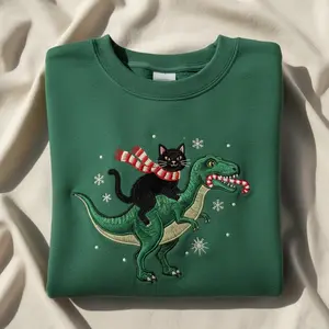 Embroidered Cat Riding T Rex Christmas Sweatshirt Funny Dinosaur Xmas Sweater Black Cat Mom Gift Holiday Crewneck Jumper Cotton Embroidery Fabric Fit