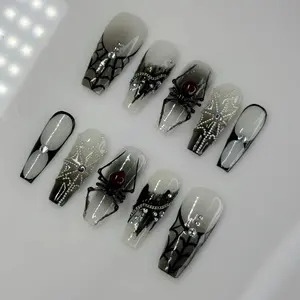 Black Spider Press On Nails, Black Spider Web Nails, Black and Silver Halloween Nails, Spooky Nails, Handpainted False Nails, 3D Nails Art