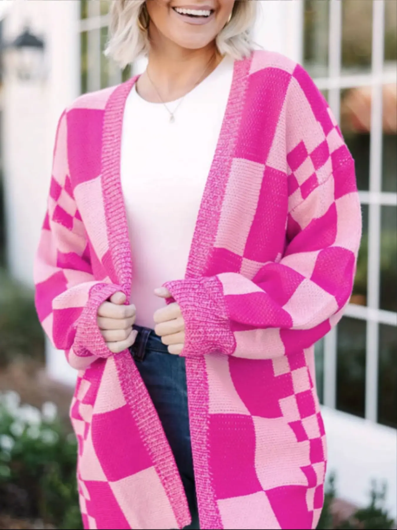 Autumn Winter New Fashion Colorblock Plaid Knit Cardigan, Series Colors Show Vivid Sweet Style, Women's Casual Wear