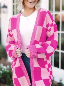 Autumn Winter New Fashion Colorblock Plaid Knit Cardigan, Series Colors Show Vivid Sweet Style, Women's Casual Wear