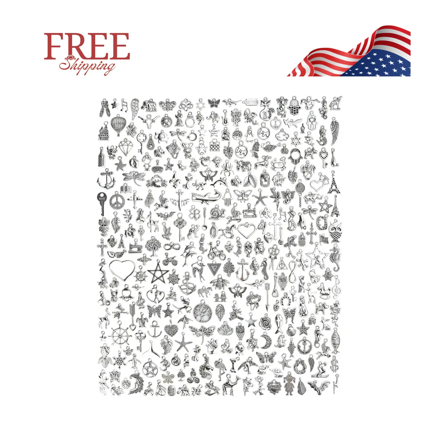 300 PCS Jewelry Making Charms Mixed Smooth Tibetan Silver