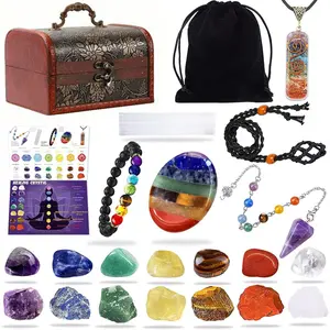 18/22-Piece Natural Mineral Crystals Set - Includes Gravel Samples, Yoga Stones, Hexagonal Star Pendant, Agate Rough Stones - Educational Science Gifts for Home Decoration (Without Wooden Box) Halloween Party Favors