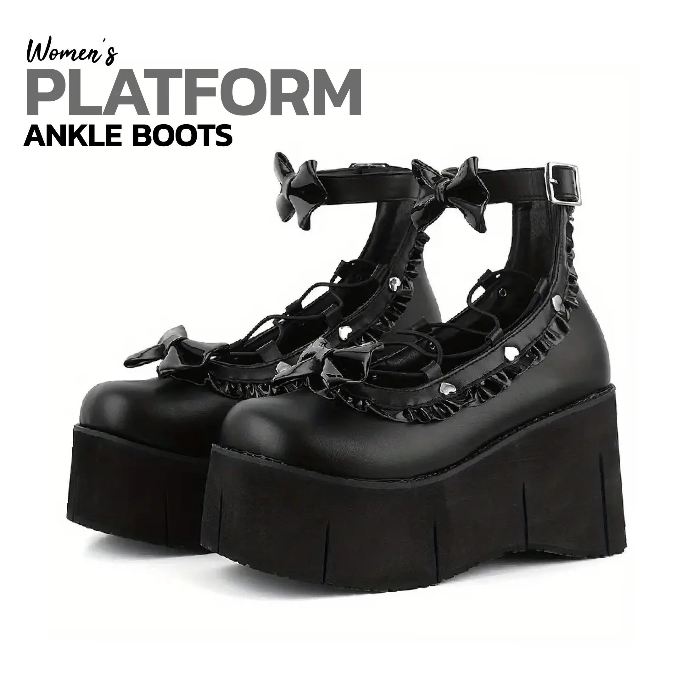 Platform Ankle Boots For Women Goth Boot Round Toe Chunky Wedge Heel Thick Sole Ankle Strap Lace Up Hearts Bows Rave Punk Concert Night Club Shoes Jennifers Body Boots Motercycle Trendy Gothic Short Booties