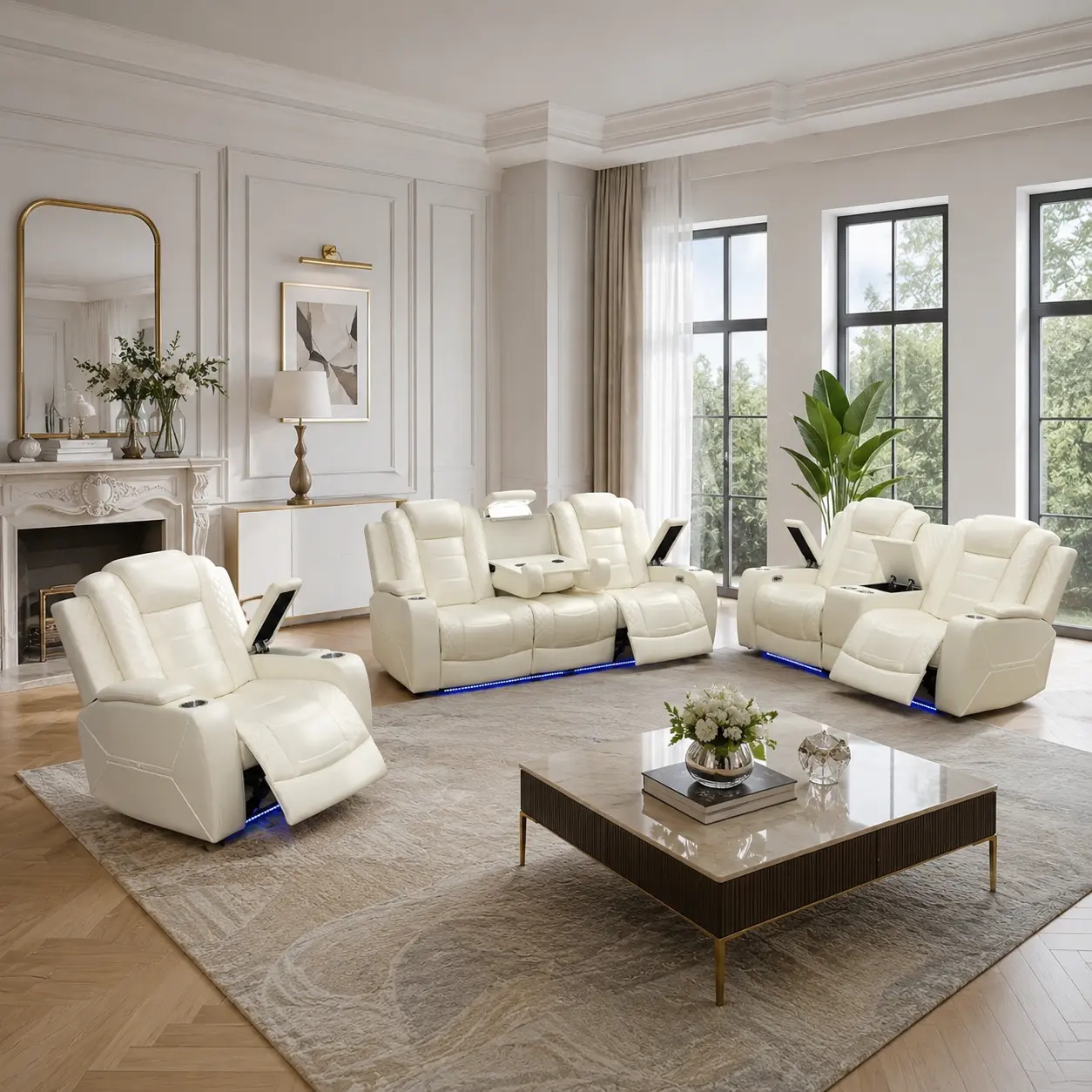 Power Recliner Sofa Set with LED Lights, USB Ports, Wireless Charging, Storage and Cup Holders, Creamy White